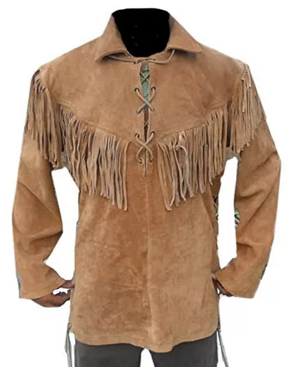 Men Native American Western Suede Leather Shirt Fringe Shirt Cowboy Jacket