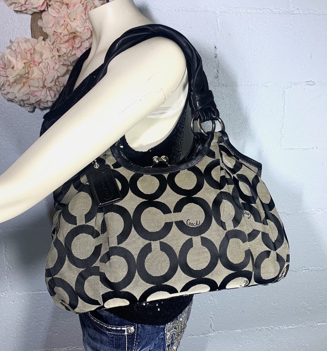 COACH 13441 Parker Carry All Kiss Lock Black Op Art Signature Logo