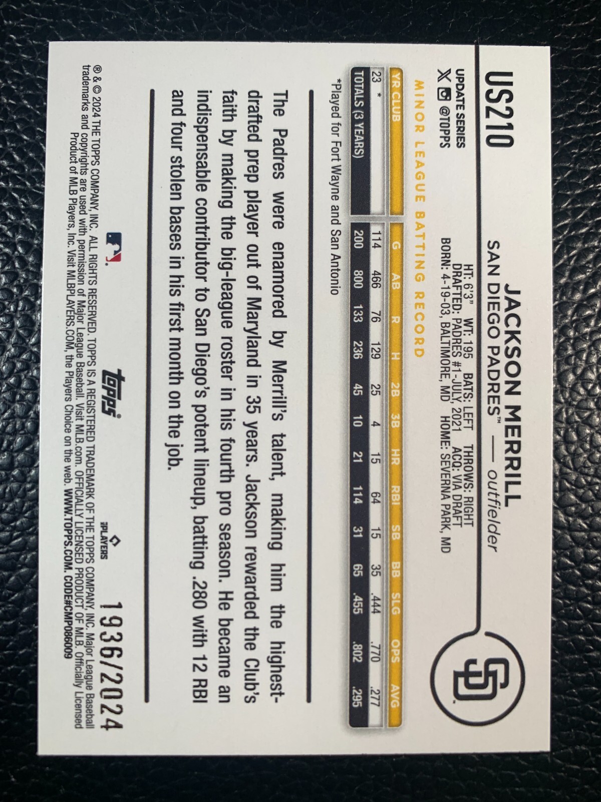 2024 Topps Update Jackson Merrill Gold 1936/2024 RC San Diego Padres 