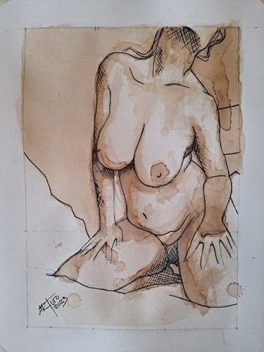 Original 9x12 Inch Coffee Painting Of Nude Woman Done By Artist ARTuro