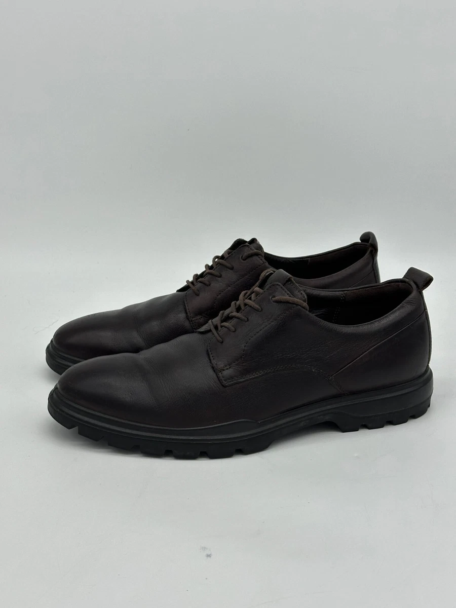 Ecco Shoes Men 11 11.5 Dark Brown Tray Tech Leather Oxford Dress Lace Up Comfort