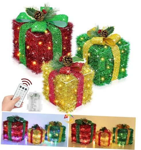 3 Pack Lighted Christmas Tinsel Gift Boxes Decor with 12 Mode Remote Timer, 60