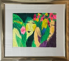 Walasse Ting, Two ladies with Parrott, Acryl auf Papier, Malerei, 1988