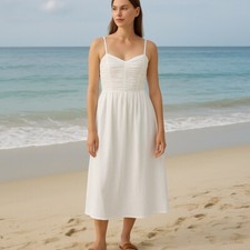 ON 34th Rushed Corset Midi Dress 100% Cotton Small Sleeveless White Coastal