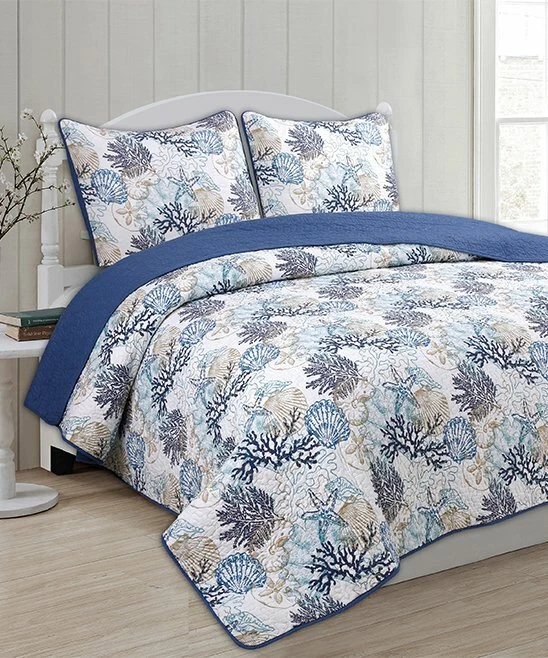 Panama Jack 3pc Full/Queen Quilt Beach Seashells Starfish Blue White Tan Ocean - Image 2 of 2
