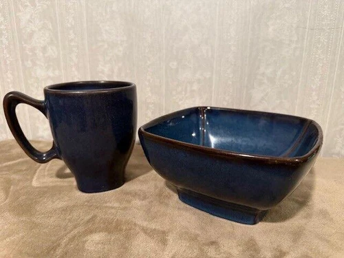 Navy and brown stoneware 8 piece mug and bowl set, beautiful cottage farmhouse