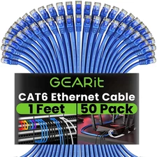 GearIT Cat 6 Ethernet Cable (50-Pack 1 Foot) Cat6 Network Patch, 10Gbps, RJ45, S