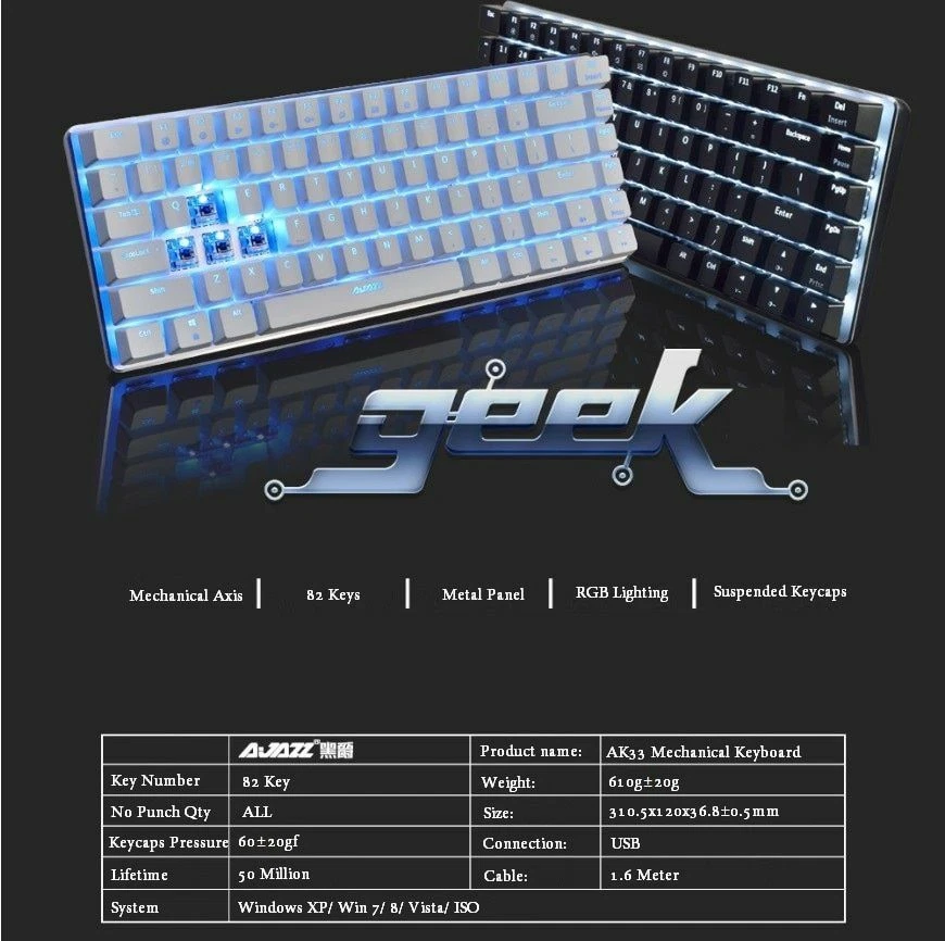 Mechanical RGB Backlit USB Wired 82 Key Blue Black Axis Keyboard for PC Notebook