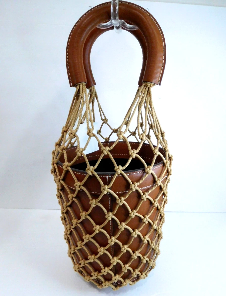 (new) ~ STAUD ~ $375 MOREAU LEATHER BUCKET BAG ~ net rope cage basket brown