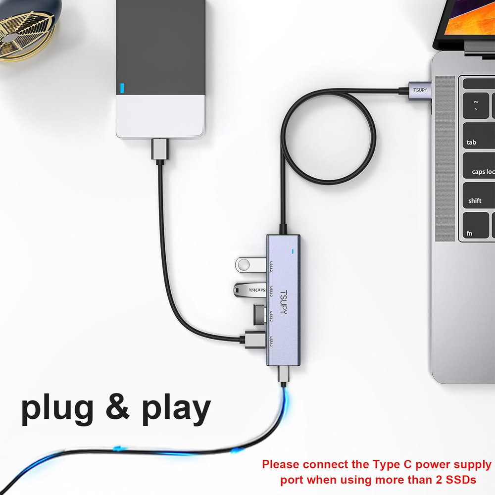 High-Speed 10Gbps USB 3.2 Hub with 4-Port Splitter and 4Ft Cable