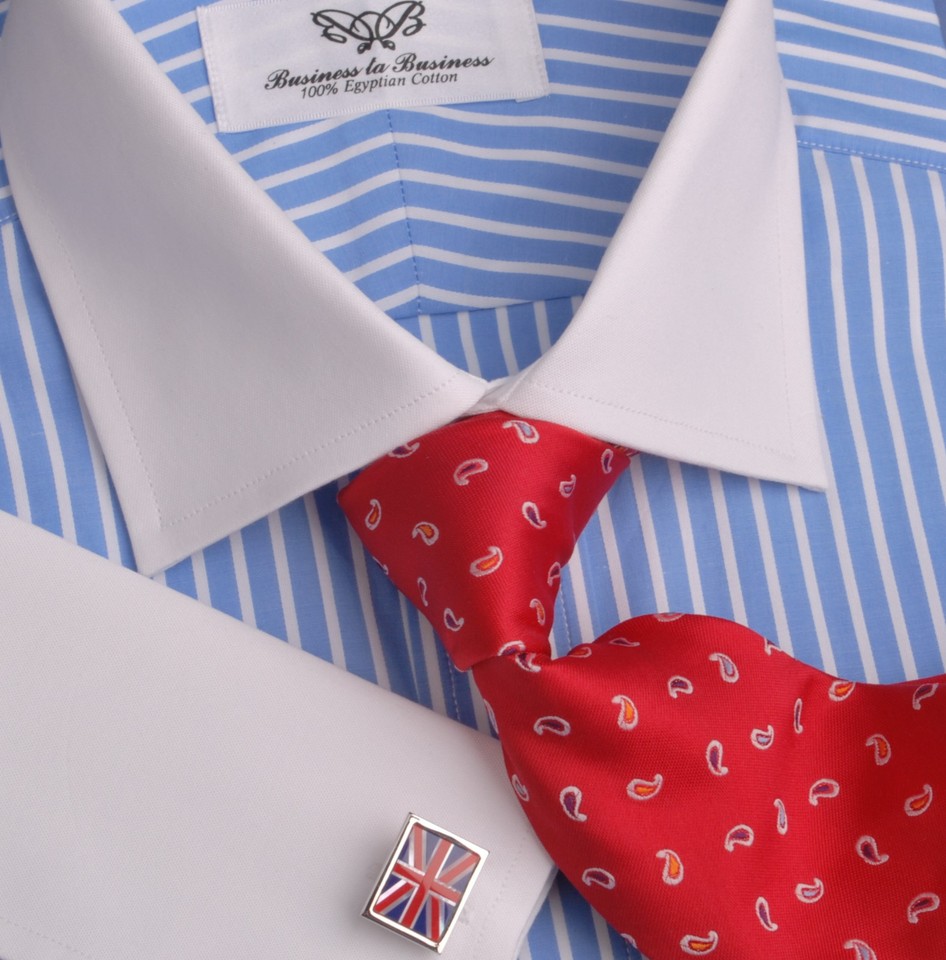 Blue Mens Business Formal Dress Shirt French Contrast Cuff Stripe