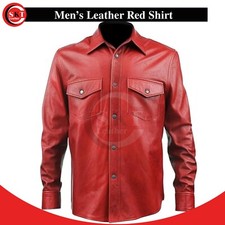 Men's Red Leather Shirt Real Lambskin Leather Shirt Full Sleeves Classic Style