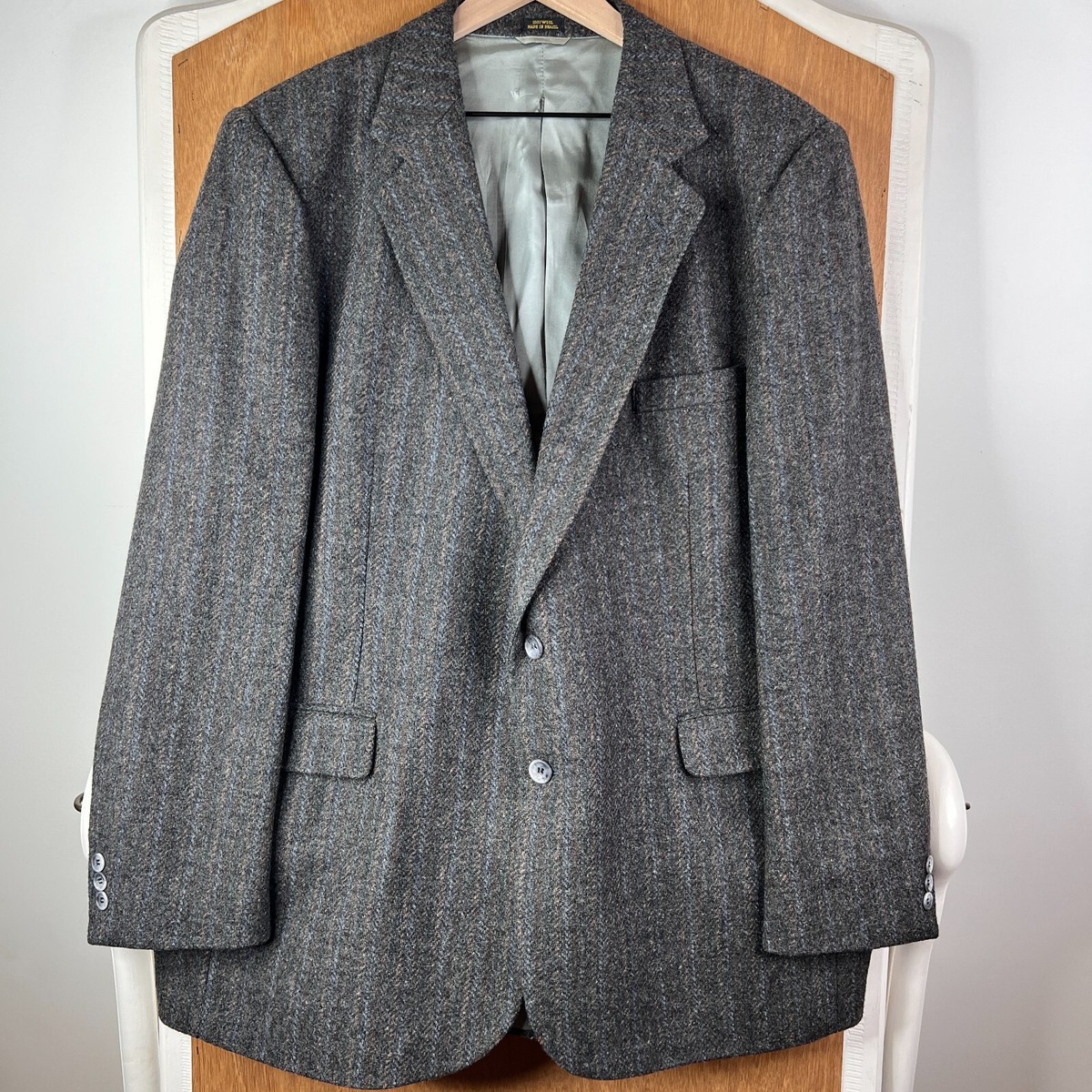 VINTAGE Tweed Jacket Mens 46L Gray Striped Heavyweight Wool