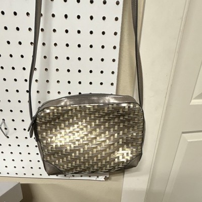 Multi-Metallic Woven Crossbody Bag Zip Top Beige Lined Inner Pockets Small