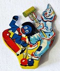 OLD TIN LITHO CHILDS TOY MECHANICAL NOISE CLICKER / CLOWN & MALLET