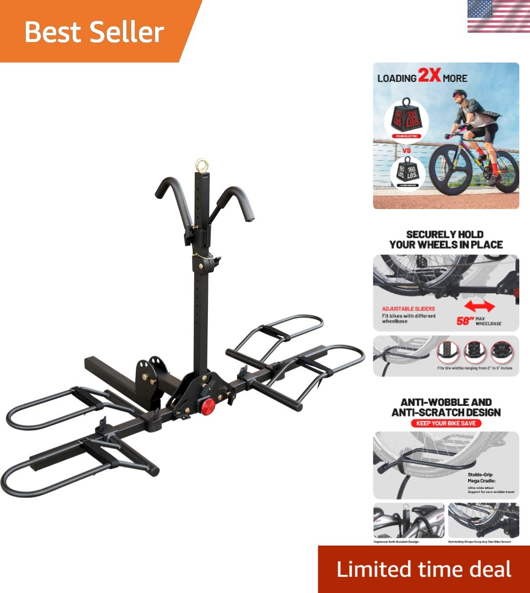 200 lbs Foldable 2-Bike Hitch Carrier with Easy Installation