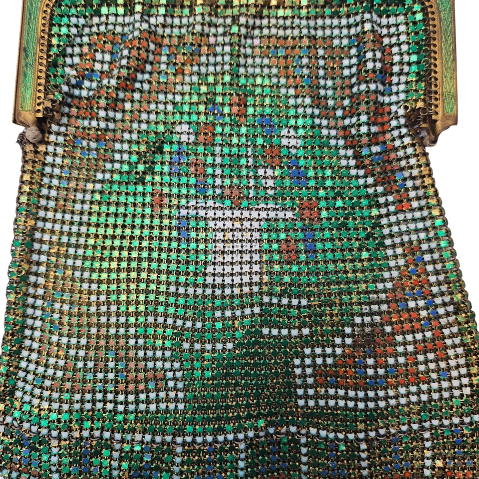 Antique Whiting Davis Mesh Metal Purse Flapper Bag 1920s  Green Abstract Art - Image 3 of 4