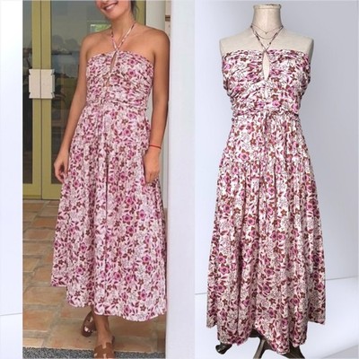 JASON WU Halter Neck Floral Midi Dress Shirred Boho Cottagecore Pink Wedding M