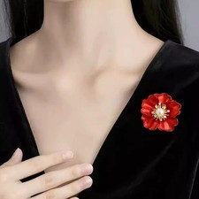 Red Enamel Flower Brooch Pin Faux Pearl Rhinestone Floral Lapel Pin Women s Jewe