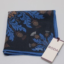 Roda NWT Wool / Silk Blend Pocket Square Blues / Brown / Cream Botanical Print