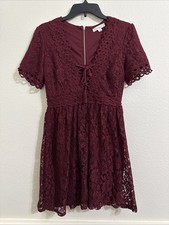 Francesca's Burgundy Lace Dress Size Small Fit and Flare Short Sleeves Lace Up