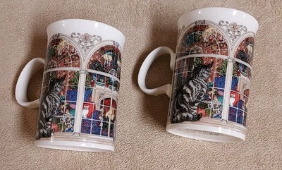 2 Matching Dunoon Fine Stoneware Mugs Cats Christmas Winter ~ Scotland made