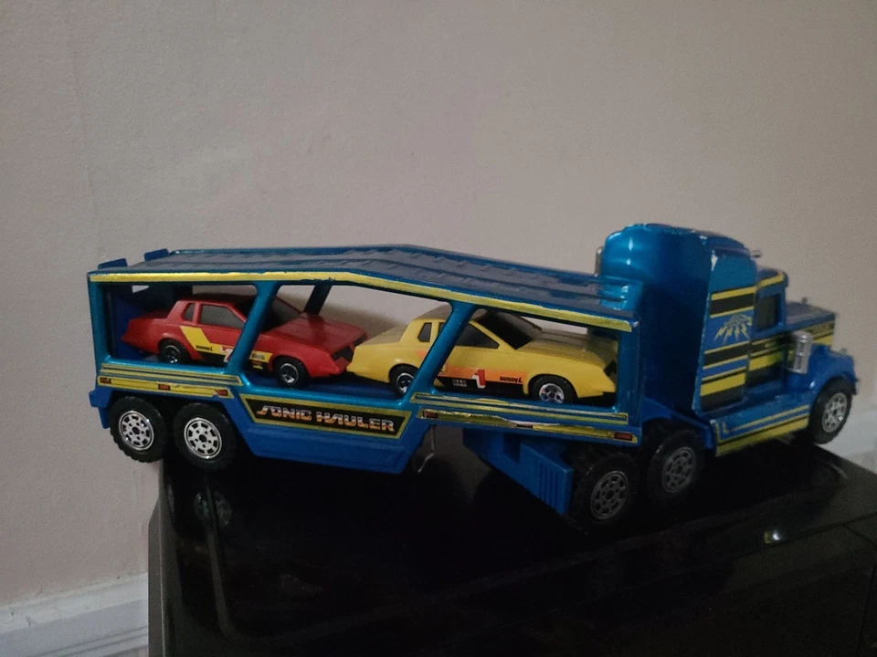 Transportador Buddy L # Auto 1992 vintage con 2 coches rojo/amarillo con sonido. Foto 4 de 4