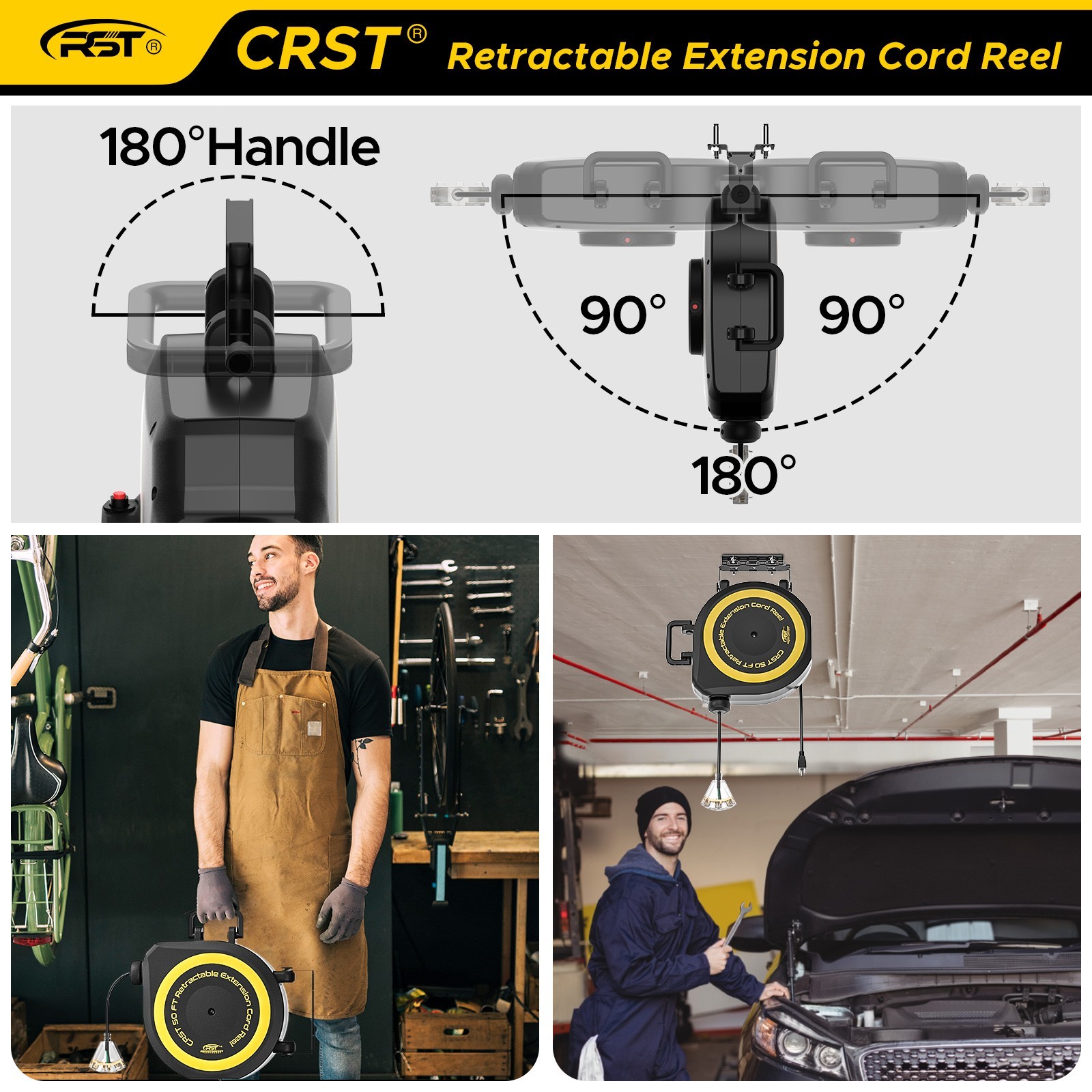 50FT Heavy Duty Retractable Extension Cord Reel, 14AWG/3C 1625W,180&deg; Swivel