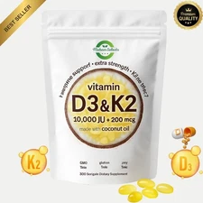 Vitamin D3 10000 iu Plus K2 (MK-7) 200 mcg, 300 Virgin Coconut Oil Softgels