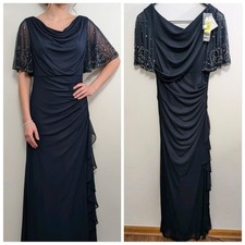 New Betsy Adam Size 6 Beaded Ruched Long Gown Wedding Wear Navy/Silver