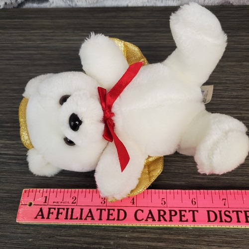 Milaka Small White Angel Teddy Bear 7" Sitting Gold Wings & Halo Red Bow - Picture 5 of 6