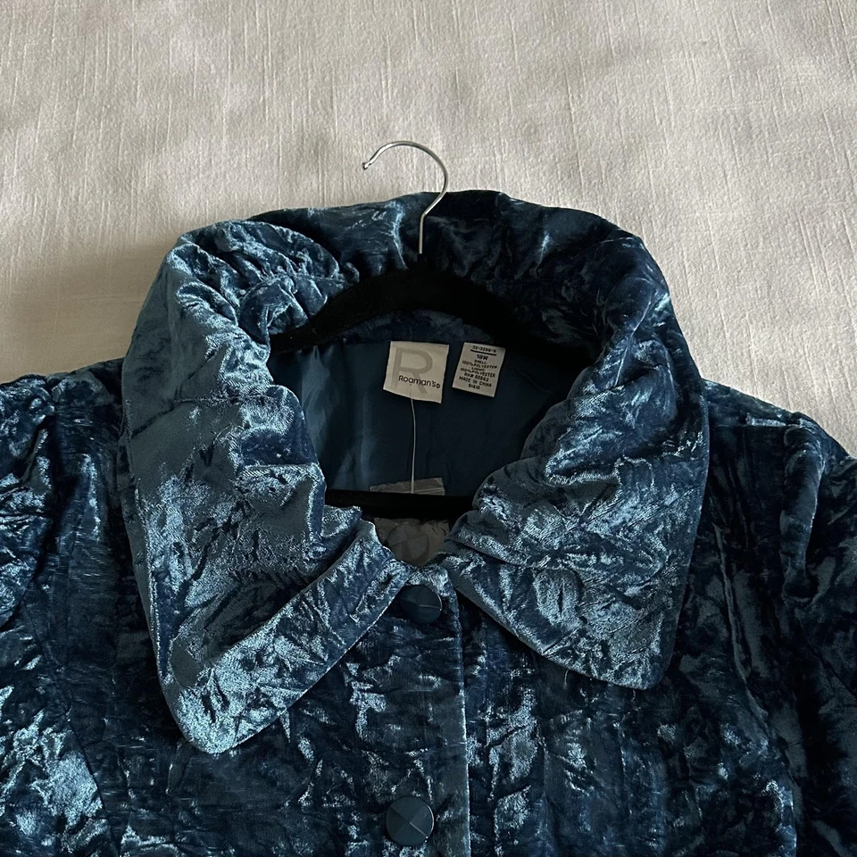 Roamans Jacket Womens 18W Blue Crushed Velvet Collared Button Plus Holiday NWOT - Image 3 of 4