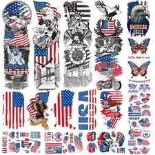 16 Sheets Independence Day Temporary Tattoo for Women Men, 17 Half Arm 4th of Ju