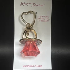 Betsey Johnson Gold Tone Pink Crystal Ring Pop Pacifier Key Fob Hand Bag Charm