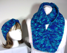 New Twilight Blue Infinity Scarf + Headband Ear Warmer - Handmade Crochet SET