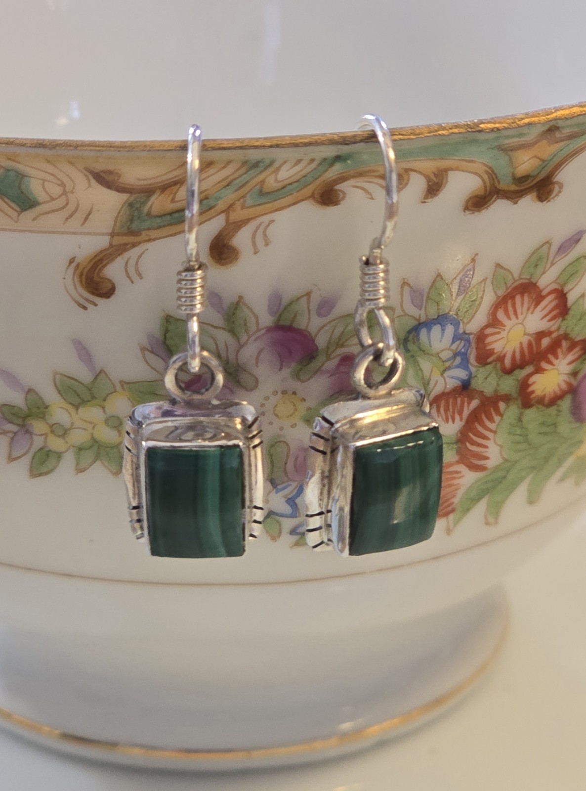 Small Malachite Rectangle Cabochon 925 Sterling S… - image 1