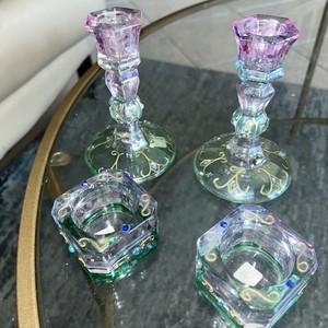 4 Pc Partylite Mardi Gras 2 Candlesticks 2 Tealight Holders Blue Green Lavender