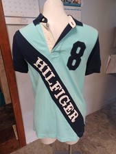 Tommy Hilfiger Custom Fit Polo White Blue 8 Diagonal Spell Out Men's S