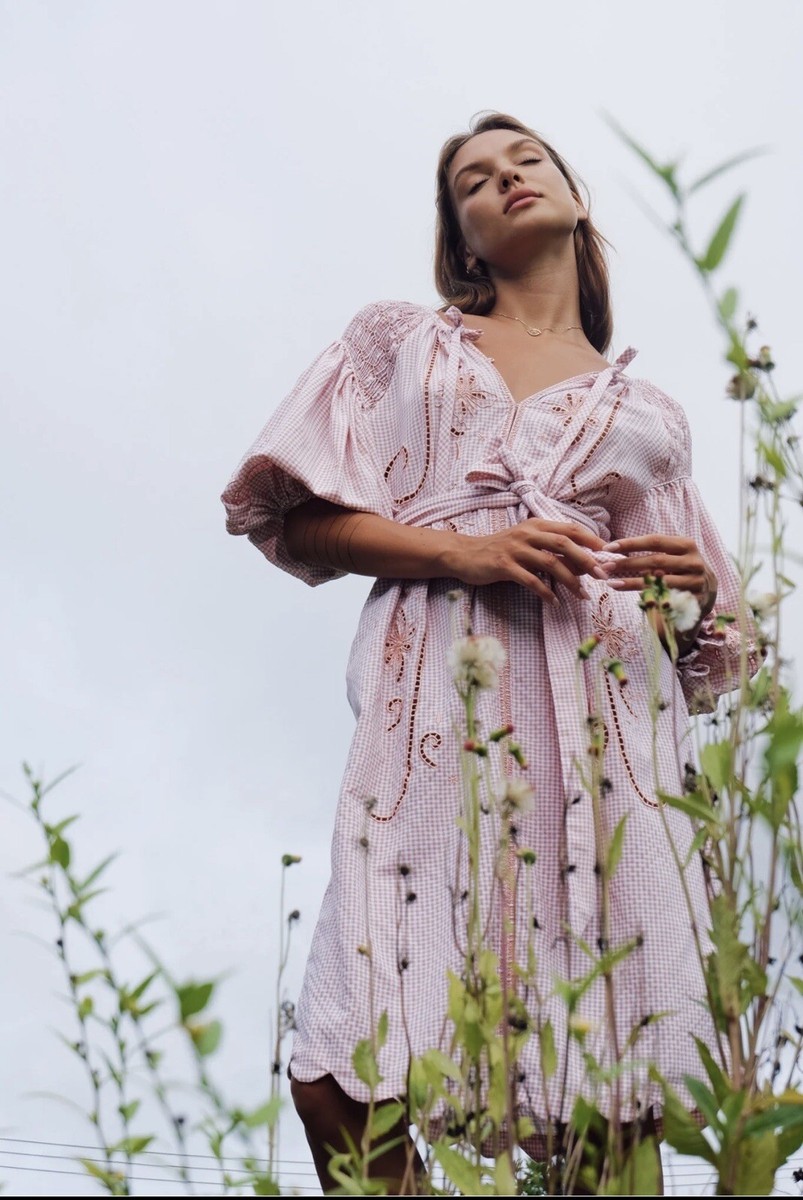 NWT Innika Choo Peach Gingham Cutwork Midi Smock Dress Size 1 | eBay