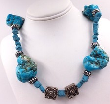 SILVER PLATED TURQUOISE BEAD NECKLACE EARRING SET 21"