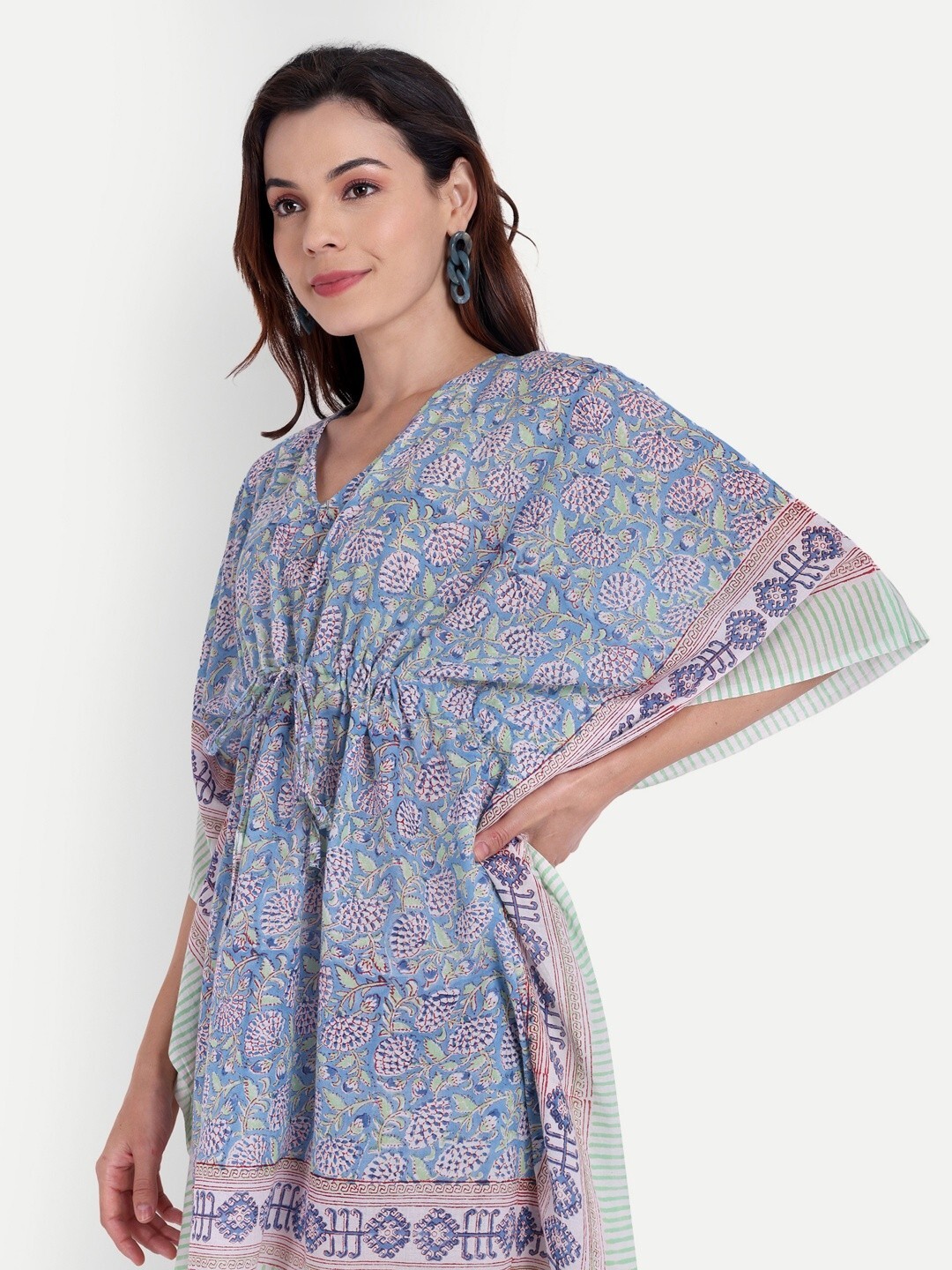 Multicolor - Hand Block Printed Cotton Kaftan with Tie-Up Waist (Short)