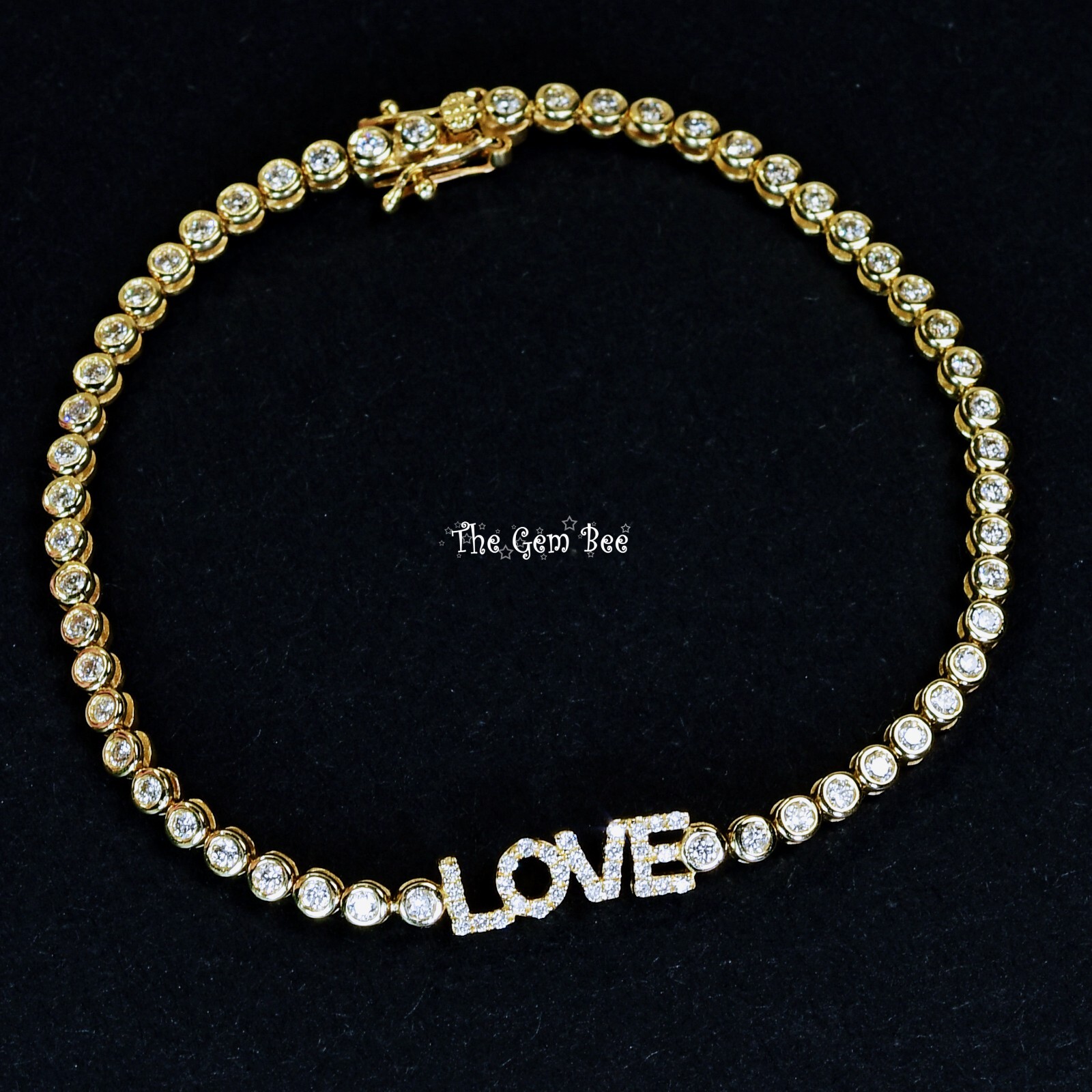 14K Solid Yellow Gold LOVE 1.12CTDiamond Bezel Set Tennis Bracelet 7