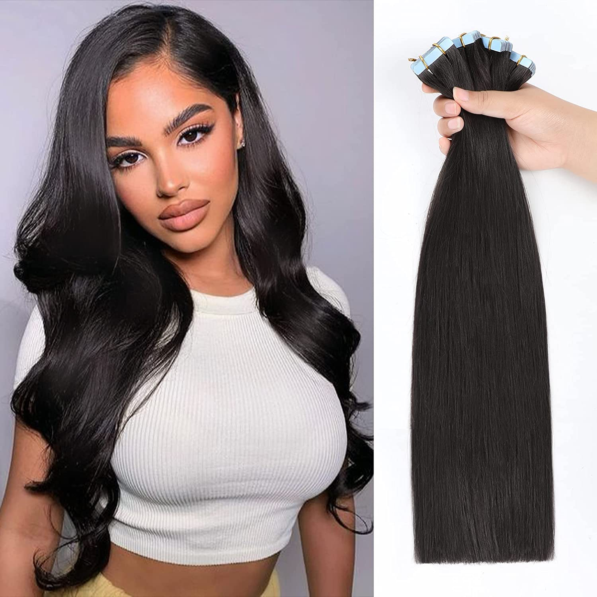 Tape in Hair Extensions Human Hair Straight Natural Black 100