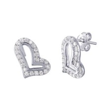 Sterling Silver Open Side Way Heart CZ Stones Stud Earrings