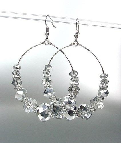 GLITZY Sparkle Artisanal Silver Hematite Crystals Bold Statement Dangle Earrings - Picture 2 of 3