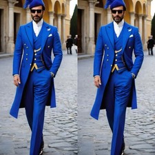 Royal Blue Men Suits 3Pcs Long Jacket Slim Fit Business Coat Peak Lapel Tuxedos
