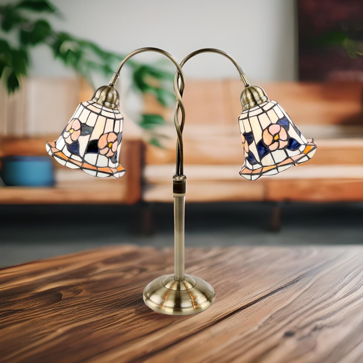 Table Lamp Twin Goose Neck Desk Stained Glass Double Lights Renovators Supply-image