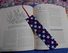Bookmark Fabric Cloth Navy with White & Red Stars & Red Ribbon Handmade