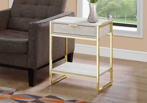 24" Gold And Beige Wood And Metal End Table With Drawer And Shelf - Picture 3 of 6