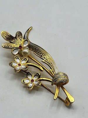 #XO alte Brosche Blume Libelle Emaille vergoldet Perlmutt Perle Retro